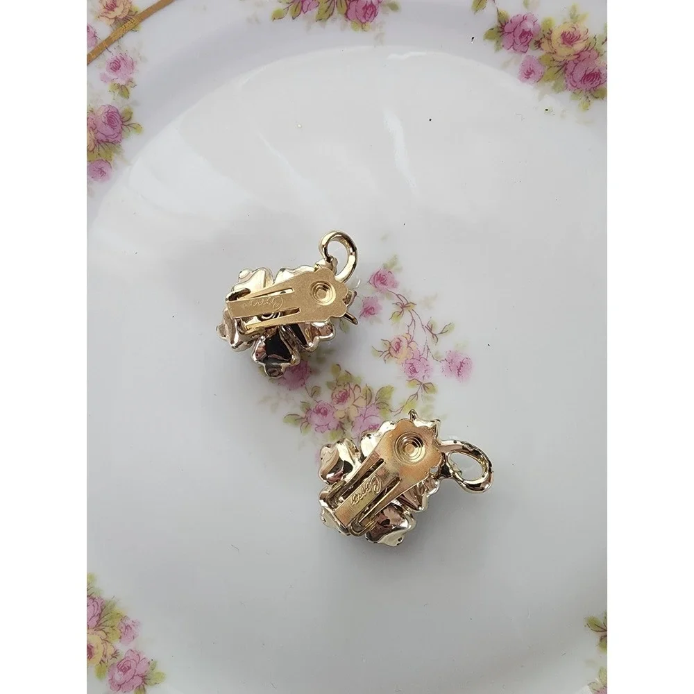 Vintage Coro Gold Tone Turquoise Blue Rhinestone Floral Clip On Earrings